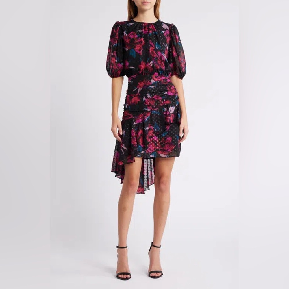 Nordstrom Metallic Asymmetric drape Dress floral pink short sleeve garden party